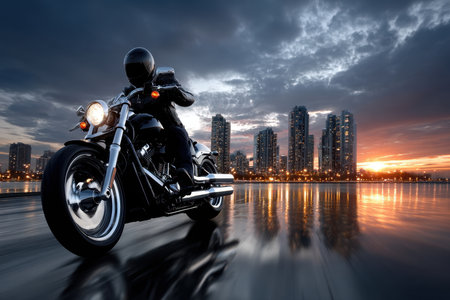 Motorcyclist rides along a city waterfront at sunsetの写真素材
