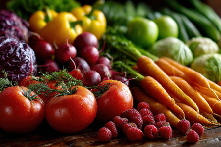 Assortment of fresh vegetables and berries on a wooden surfaceの写真素材