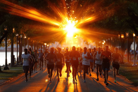 Runners participate in a marathon race at sunrise along a treelined pathの写真素材