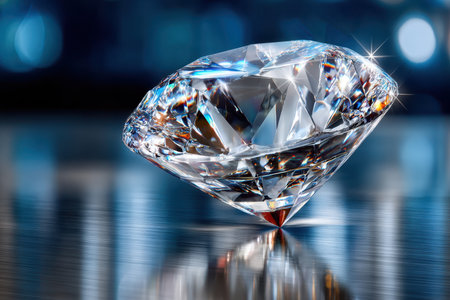 A large, sparkling diamond rests on a reflective surfaceの写真素材