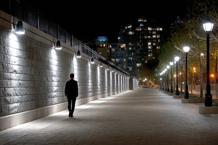 A man in a suit walks down a welllit city path at nightの写真素材