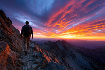 A hiker with a backpack walks along a mountain ridge at sunsetの写真素材