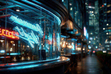 A neon sign glows in a cafe window at night on a city streetの写真素材