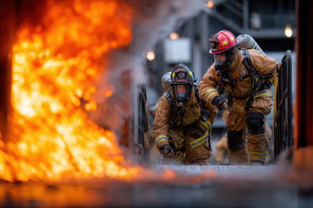 Two firefighters advance toward a fierce fire during a training drill in an urban setting at dusk.の写真素材