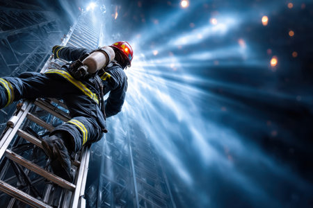 Firefighter climbs a ladder amid smoke and bright lightsの写真素材