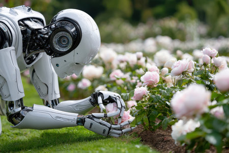 A humanoid robot tends to pink roses in a beautiful garden under clear skies.の写真素材