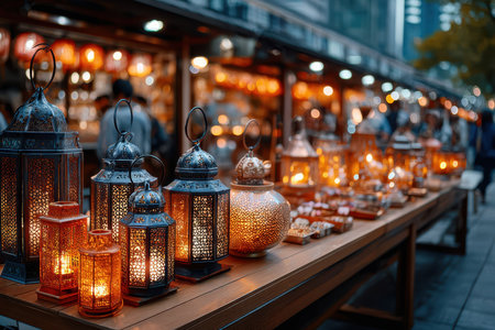 Ornate lanterns glow on a wooden market stall at nightの写真素材