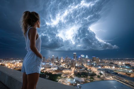 A woman stands on a rooftop, gazing at a city skyline illuminated by a fierce lightning storm at night.の写真素材