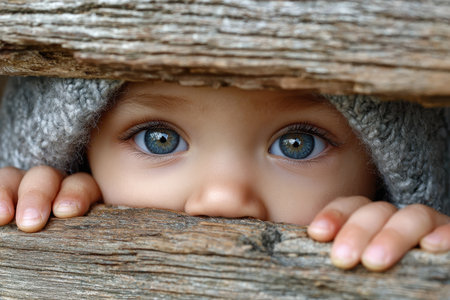 A curious child with striking blue eyes peers through wooden slats, showing innocent wonder and intrigue.の写真素材