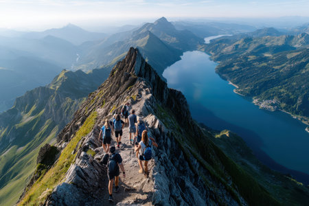 A group of hikers reaching a mountain summit at sunrise, expressing achievement and adventure, in golden, morning light, using a drone camera.の写真素材