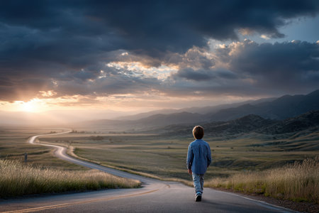 A young boy strolls down a curving road surrounded by hills under a colorful sunset sky, reflecting on nature.の写真素材