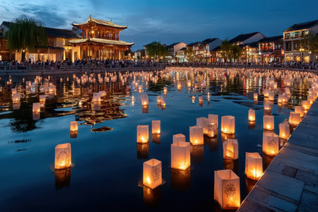 Lanterns float on a serene lake as people gather to admire the enchanting atmosphere during dusk.の写真素材