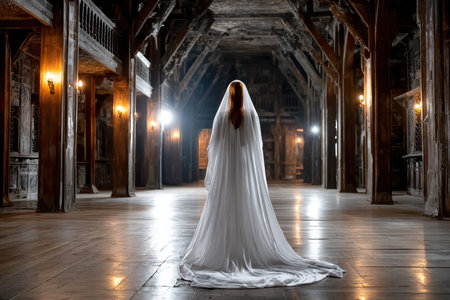 A woman in a flowing white gown stands alone in a dimly lit historic hall, creating an eerie atmosphere.の写真素材