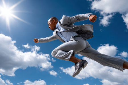 A man in a suit demonstrates athleticism by jumping high against a vivid blue sky filled with clouds.の写真素材