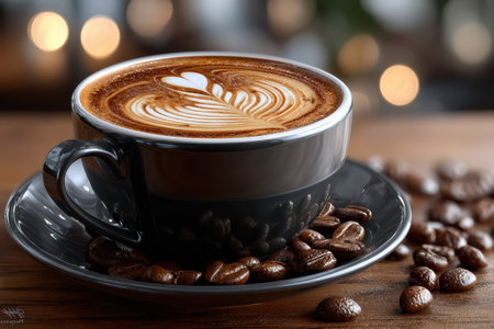 A steaming cup of coffee with latte art, shot in a cozy cafÃ© setting, under soft, diffused light, focusing on the texture and warmth of the drinkの写真素材