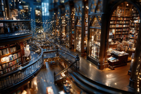 Multilevel library interior with elegant wooden shelves, books, and decorative lightsの写真素材