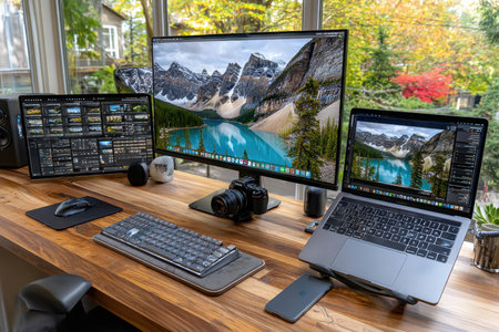 A home office desk setup with computer, laptop, and cameraの写真素材