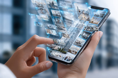 A person engages with a smartphone showing floating images while in a bustling city setting.の写真素材