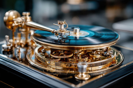 A vintage phonograph showcases its ornate mechanics while playing a bright vinyl record in a cozy room.の写真素材