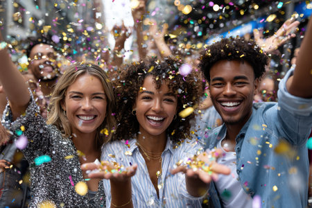 Joyful group of friends share laughter and throw colorful confetti in a vibrant street celebration.の写真素材