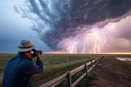 A person observes a dramatic lightning display as dark clouds gather over a prairie at dusk.の写真素材
