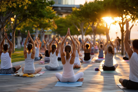 Participants engage in a calming yoga session at sunset in a park, enjoying the tranquil atmosphere.の写真素材