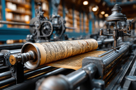 Close-up view of a vintage printing press in a historical library featuring a manuscript on a paper roll.の写真素材