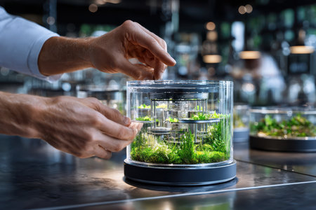 Hand carefully places greenery inside a transparent container in a stylish, contemporary environment.の写真素材