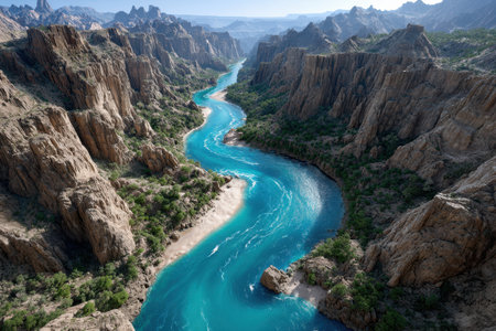 A vibrant blue river flows through a rugged canyon, surrounded by towering rock formations and greenery.の写真素材