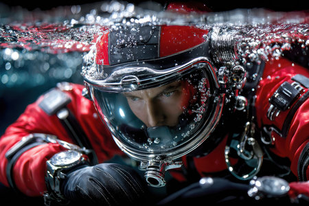 Diver in striking red gear inspects underwater surroundings in a dark ocean environment.の写真素材