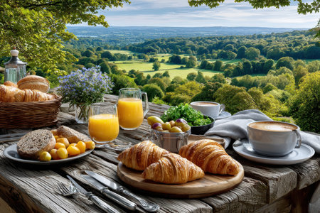 A relaxing breakfast is served on a wooden table overlooking lush green fields and trees, enjoying fresh pastries.の写真素材