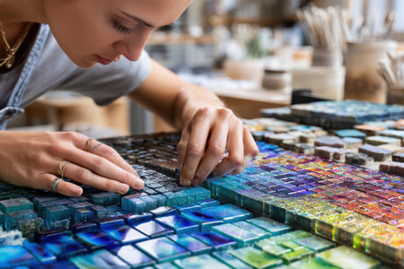 Craftsperson focuses intently on placing vibrant mosaic tiles in an artistic workspace filled with materials.の写真素材
