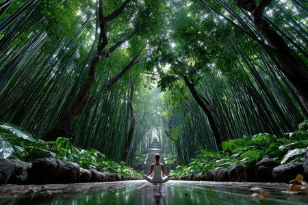 A person meditating in a peaceful bamboo forestの素材