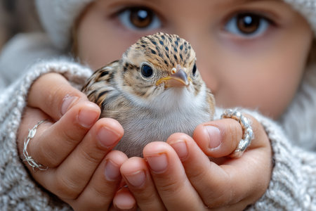A child in warm clothing carefully cradles a tiny bird, displaying affection and curiosity in their eyes.の写真素材