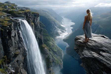 A woman gazes at a breathtaking waterfall cascading into a fjord below, surrounded by dramatic cliffs.の写真素材