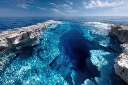 Crystal-clear water reveals rocky formations beneath the surface, with a vibrant sky overhead at the coast.の写真素材
