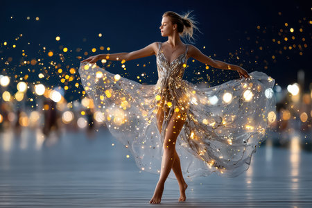 A dancer twirls under the night sky, wearing a shimmering dress that glistens like stars, by a vibrant waterfront.の写真素材