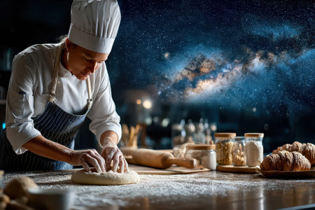 A chef works diligently, kneading dough in a well-equipped kitchen, surrounded by galactic imagery.の写真素材