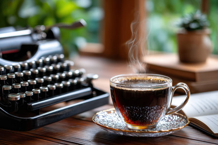 A steaming cup of coffee next to a typewriter, shot in a cozy study with natural light and a macro lens, conveying the romance of writingの写真素材