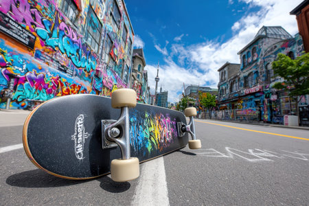 A vibrant graffiti wall in an urban setting, shot during the day with a rebellious mood, using a fisheye lens and bright, natural light, with a skateboard leaning against itの写真素材