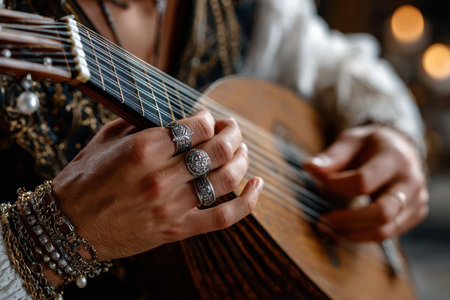 A musician's hands skillfully strum a guitar adorned with decorative rings in a soft, intimate atmosphere.の写真素材