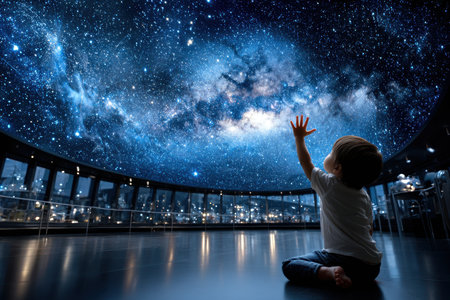 A young child reaches out towards a brilliant star-filled sky projection in a planetarium at night.の写真素材