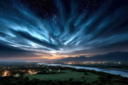 Aerial view of a valley with a river and city lights at sunsetの写真素材