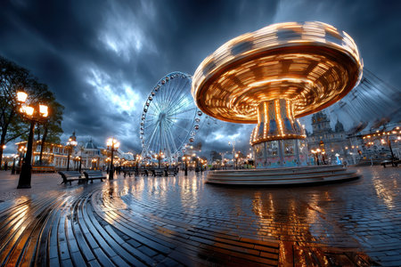 A carousel spins in an amusement park at twilight with a ferris wheelの写真素材