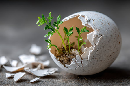 A small green plant sprouts from a cracked white eggshellの写真素材