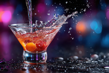 A vibrant drink splashes as liquid is poured into a stylish glass, reflecting colorful lights in the background.の写真素材