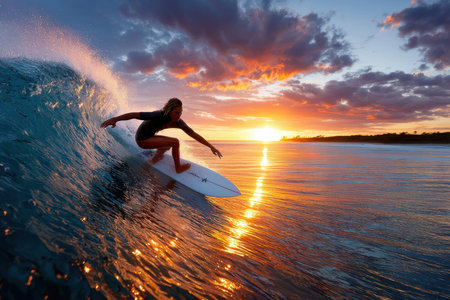 A surfer rides a wave at sunset on a beautiful oceanの写真素材