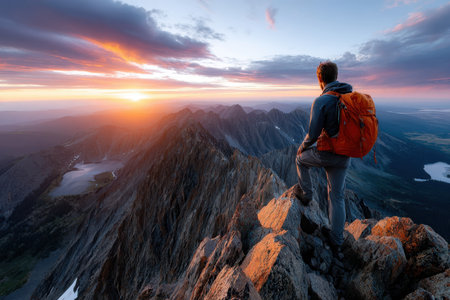A hiker with a backpack stands on a mountain peak at sunriseの写真素材