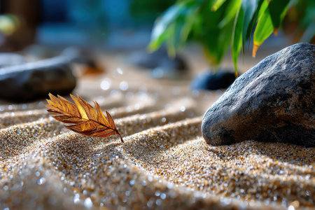 A tranquil shot of a zen garden with perfectly raked sand, embodying harmony and mindfulness, under soft, diffused sunlight, using a macro lens on a DSLR, where a single leaf has fallen on the sandの写真素材