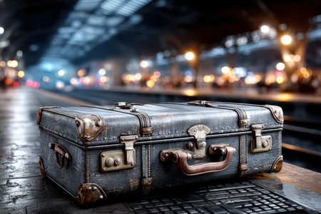 A vintage suitcase on a train platform, under harsh, artificial light, shot with a 35mm lens, with a surprise element of a secret letter hidden in the handleの写真素材